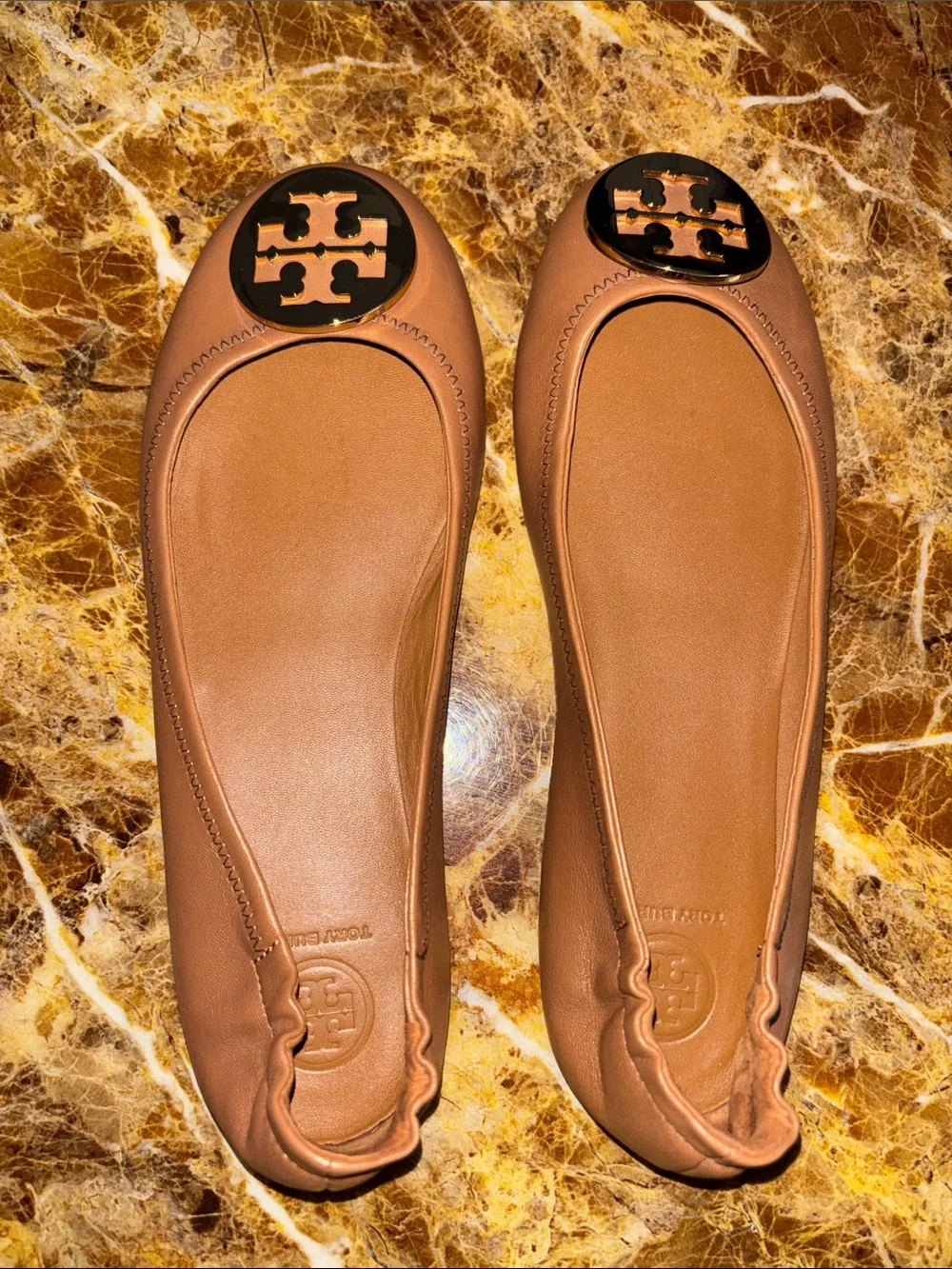 Tory Burch Cognac Leather Logo Medallion Ballet Flats, size 8
